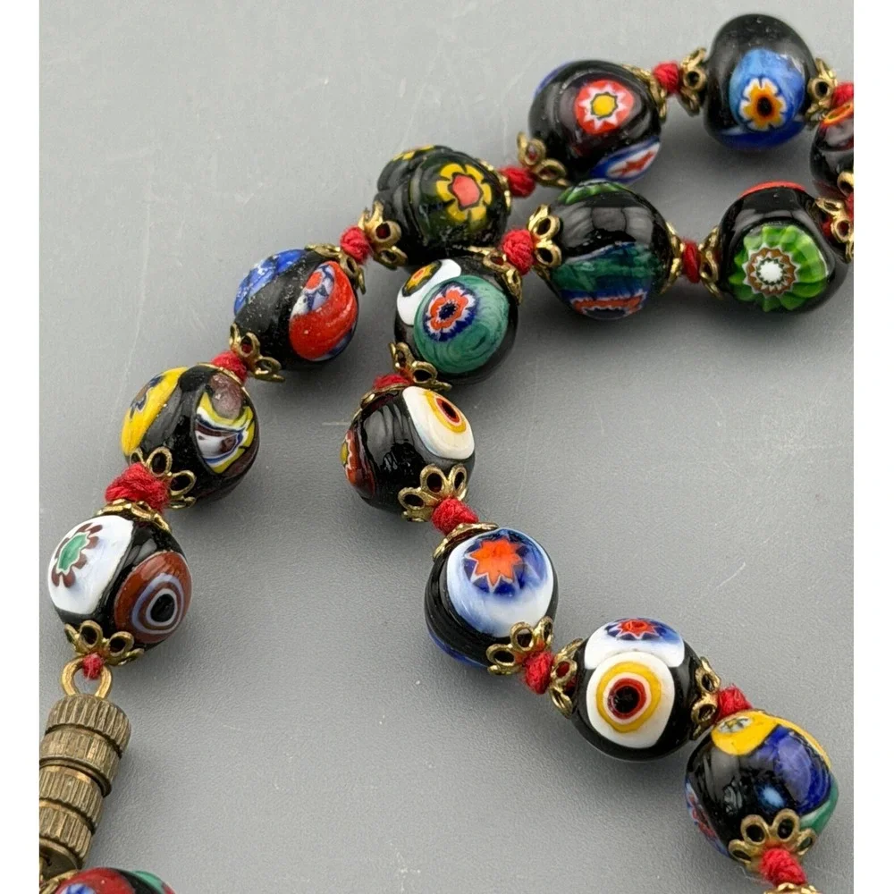 Vintage Venetian Millefiori Necklace Glass Beads Hand Knotted  Barrel Clasp 17